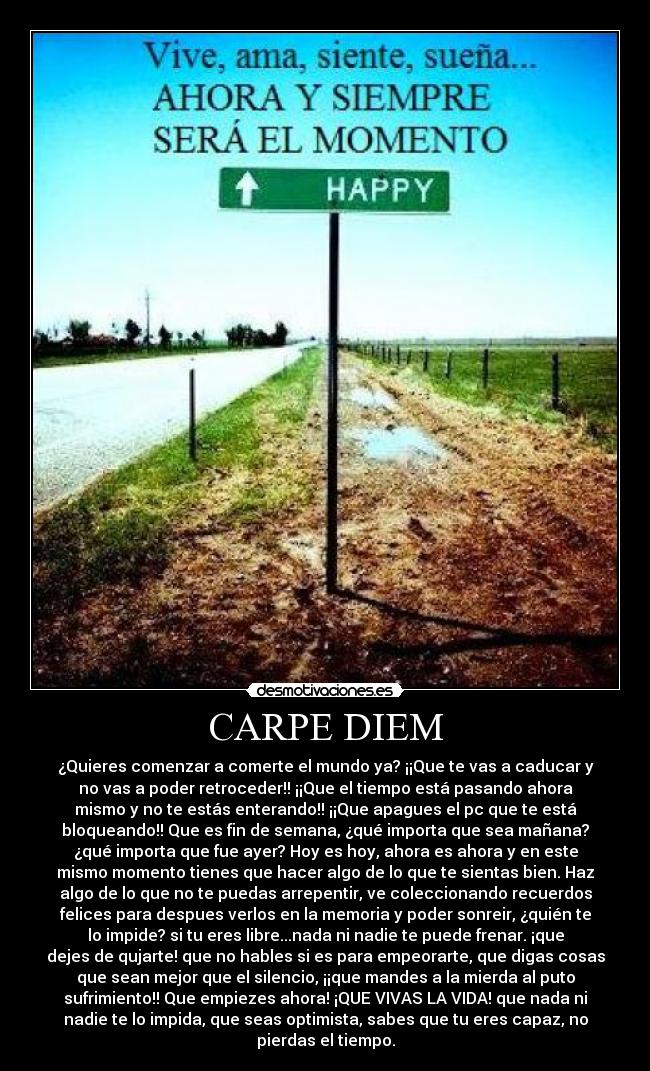 CARPE DIEM - ¿Quieres comenzar a comerte el mundo ya? ¡¡Que te vas a caducar y
no vas a poder retroceder!! ¡¡Que el tiempo está pasando ahora
mismo y no te estás enterando!! ¡¡Que apagues el pc que te está
bloqueando!! Que es fin de semana, ¿qué importa que sea mañana?
¿qué importa que fue ayer? Hoy es hoy, ahora es ahora y en este
mismo momento tienes que hacer algo de lo que te sientas bien. Haz
algo de lo que no te puedas arrepentir, ve coleccionando recuerdos
felices para despues verlos en la memoria y poder sonreir, ¿quién te
lo impide? si tu eres libre...nada ni nadie te puede frenar. ¡que
dejes de qujarte! que no hables si es para empeorarte, que digas cosas
que sean mejor que el silencio, ¡¡que mandes a la mierda al puto
sufrimiento!! Que empiezes ahora! ¡QUE VIVAS LA VIDA! que nada ni
nadie te lo impida, que seas optimista, sabes que tu eres capaz, no
pierdas el tiempo.