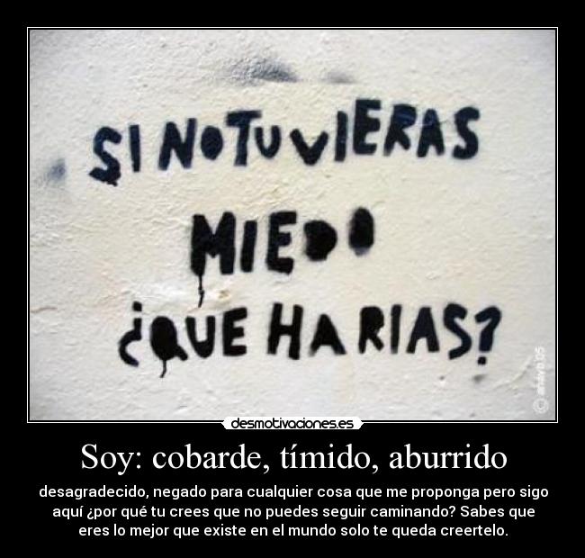 Soy: cobarde, tímido, aburrido - desagradecido, negado para cualquier cosa que me proponga pero sigo
aquí ¿por qué tu crees que no puedes seguir caminando? Sabes que
eres lo mejor que existe en el mundo solo te queda creertelo.