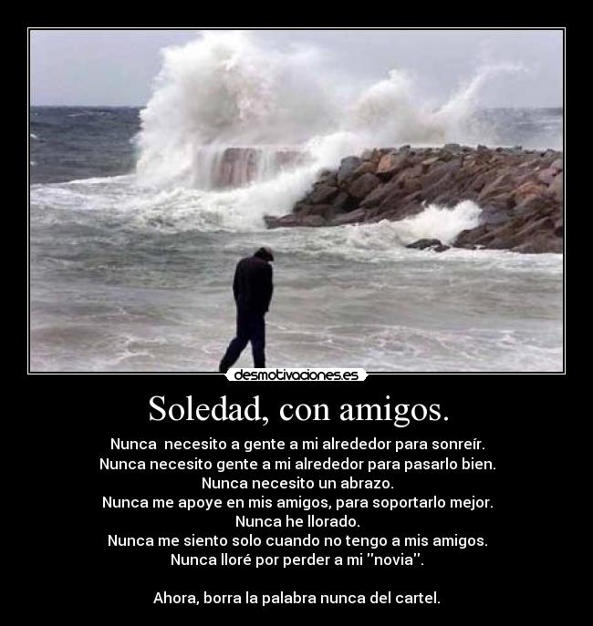 Soledad, con amigos. - Nunca  necesito a gente a mi alrededor para sonreír.
Nunca necesito gente a mi alrededor para pasarlo bien.
Nunca necesito un abrazo.
Nunca me apoye en mis amigos, para soportarlo mejor.
Nunca he llorado.
Nunca me siento solo cuando no tengo a mis amigos.
Nunca lloré por perder a mi novia.

Ahora, borra la palabra nunca del cartel.