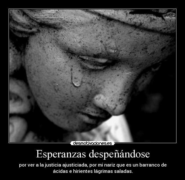 Esperanzas despeñándose - por ver a la justicia ajusticiada, por mi nariz que es un barranco de
ácidas e hirientes lágrimas saladas.