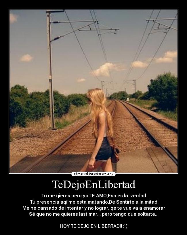 TeDejoEnLibertad - Tu me qieres pero yo TE AMO,Esa es la verdad
Tu presencia aqí me esta matando,De Sentirte a la mitad
Me he cansado de intentar y no lograr, qe te vuelva a enamorar
Sé que no me quieres lastimar... pero tengo que soltarte...
HOY TE DEJO EN LIBERTAD!! :(