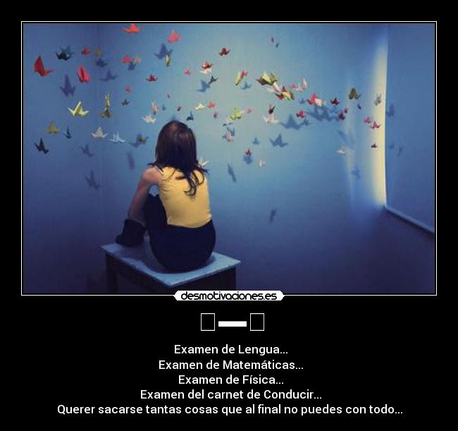 ◕▬◕ - ●Examen de Lengua...
●Examen de Matemáticas...
●Examen de Física...
●Examen del carnet de Conducir...
Querer sacarse tantas cosas que al final no puedes con todo...