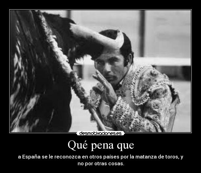 Qué pena que - a España se le reconozca en otros países por la matanza de toros, y
no por otras cosas.