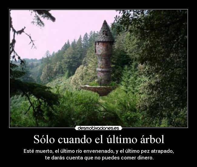 Sólo cuando el último árbol - Esté muerto, el último río envenenado, y el último pez atrapado,
 te darás cuenta que no puedes comer dinero.