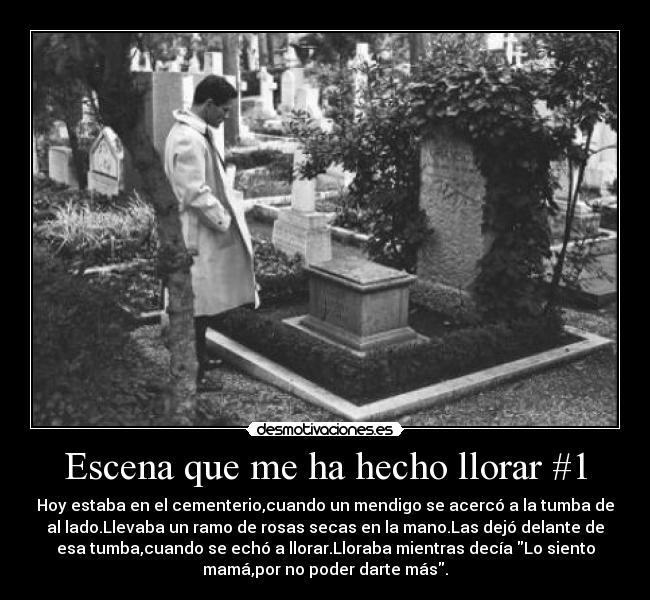 Escena que me ha hecho llorar #1 - Hoy estaba en el cementerio,cuando un mendigo se acercó a la tumba de
al lado.Llevaba un ramo de rosas secas en la mano.Las dejó delante de
esa tumba,cuando se echó a llorar.Lloraba mientras decía Lo siento
mamá,por no poder darte más.