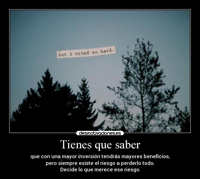 Tienes que saber - que con una mayor inversión tendrás mayores beneficios,
pero siempre existe el riesgo a perderlo todo.
Decide lo que merece ese riesgo.
