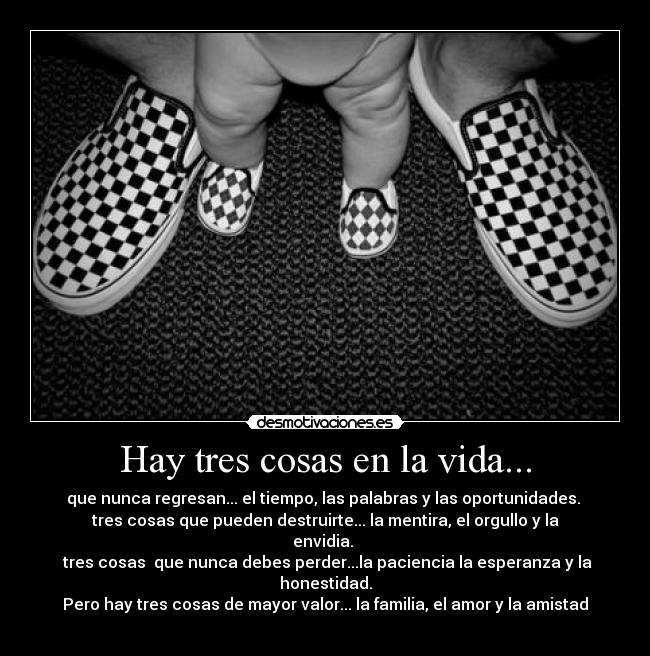 Hay tres cosas en la vida... - que nunca regresan... el tiempo, las palabras y las oportunidades. 
tres cosas que pueden destruirte... la mentira, el orgullo y la envidia. 
 tres cosas  que nunca debes perder...la paciencia la esperanza y la honestidad.
Pero hay tres cosas de mayor valor... la familia, el amor y la amistad ♥