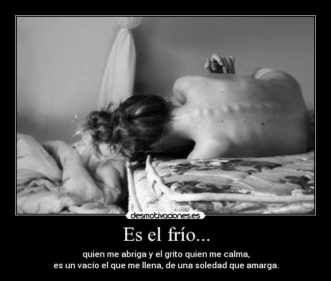 Es el frío... - quien me abriga y el grito quien me calma,
es un vacío el que me llena, de una soledad que amarga.