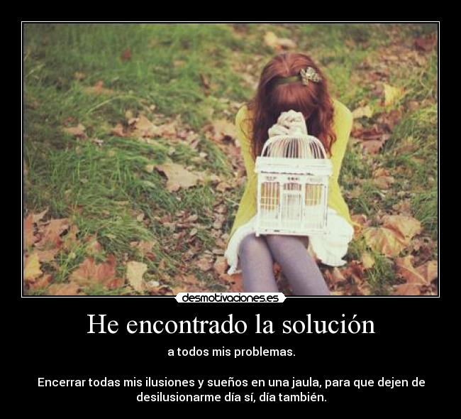 He encontrado la solución - a todos mis problemas.
Encerrar todas mis ilusiones y sueños en una jaula, para que dejen de
desilusionarme día sí, día también.