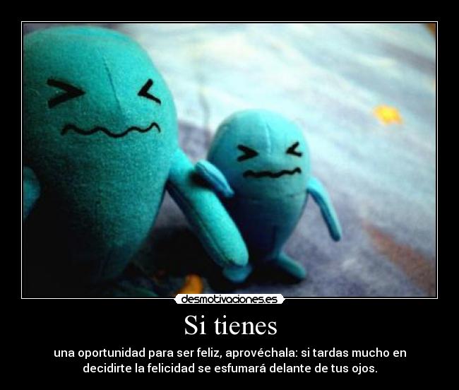 Si tienes - una oportunidad para ser feliz, aprovéchala: si tardas mucho en
decidirte la felicidad se esfumará delante de tus ojos.