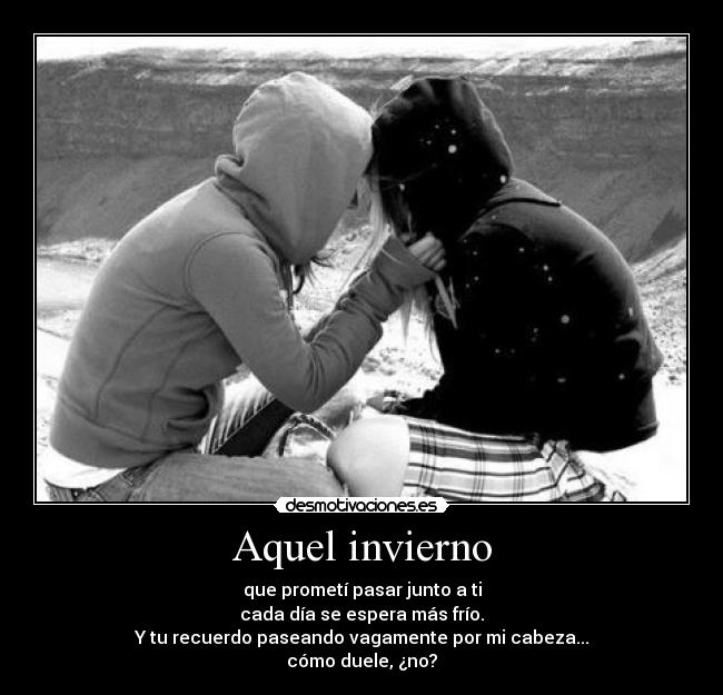 Aquel invierno - que prometí pasar junto a ti
cada día se espera más frío.
Y tu recuerdo paseando vagamente por mi cabeza...
cómo duele, ¿no?