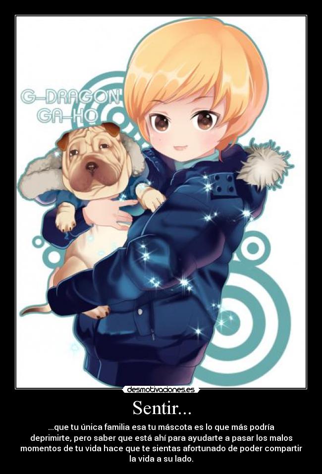 Sentir... - ...que tu única familia esa tu máscota es lo que más podría
deprimirte, pero saber que está ahí para ayudarte a pasar los malos
momentos de tu vida hace que te sientas afortunado de poder compartir
la vida a su lado.