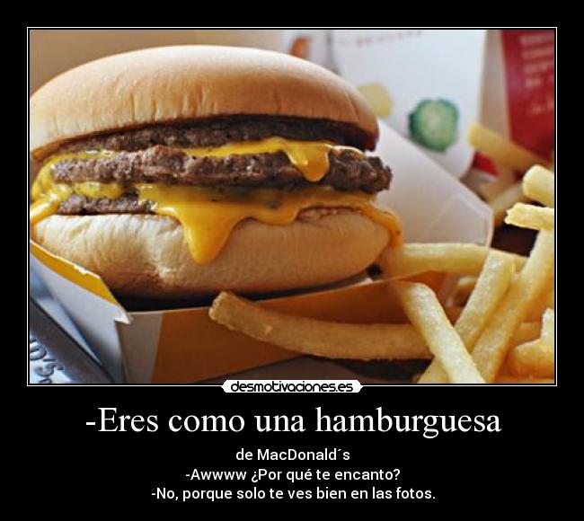 -Eres como una hamburguesa - de MacDonald´s
-Awwww ¿Por qué te encanto?
-No, porque solo te ves bien en las fotos.