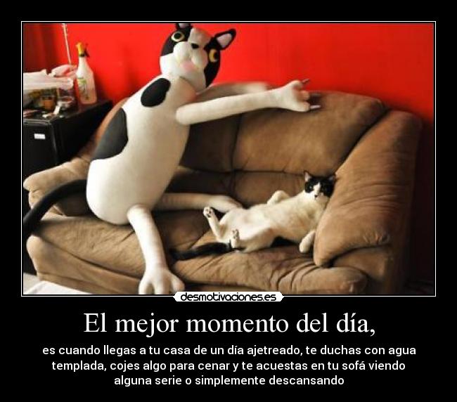 El mejor momento del día, - es cuando llegas a tu casa de un día ajetreado, te duchas con agua
templada, cojes algo para cenar y te acuestas en tu sofá viendo
alguna serie o simplemente descansando