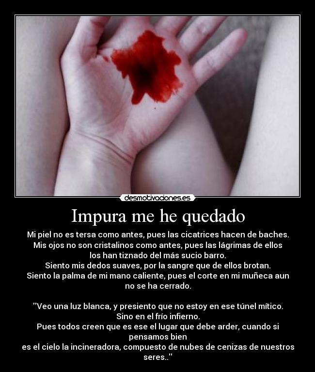 Impura me he quedado - Mi piel no es tersa como antes, pues las cicatrices hacen de baches.
Mis ojos no son cristalinos como antes, pues las lágrimas de ellos
los han tiznado del más sucio barro.
Siento mis dedos suaves, por la sangre que de ellos brotan.
Siento la palma de mi mano caliente, pues el corte en mi muñeca aun
no se ha cerrado.

Veo una luz blanca, y presiento que no estoy en ese túnel mítico.
Sino en el frío infierno.
Pues todos creen que es ese el lugar que debe arder, cuando si
pensamos bien
es el cielo la incineradora, compuesto de nubes de cenizas de nuestros
seres..