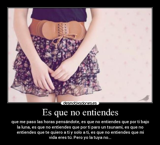 Es que no entiendes - que me paso las horas pensándote, es que no entiendes que por ti bajo
la luna, es que no entiendes que por ti paro un tsunami, es que no
entiendes que te quiero a ti y solo a ti, es que no entiendes que mi
vida eres tú. Pero yo la tuya no...