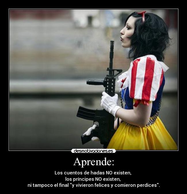 Aprende: - Los cuentos de hadas NO existen, 
los príncipes NO existen, 
ni tampoco el final y vivieron felices y comieron perdices.