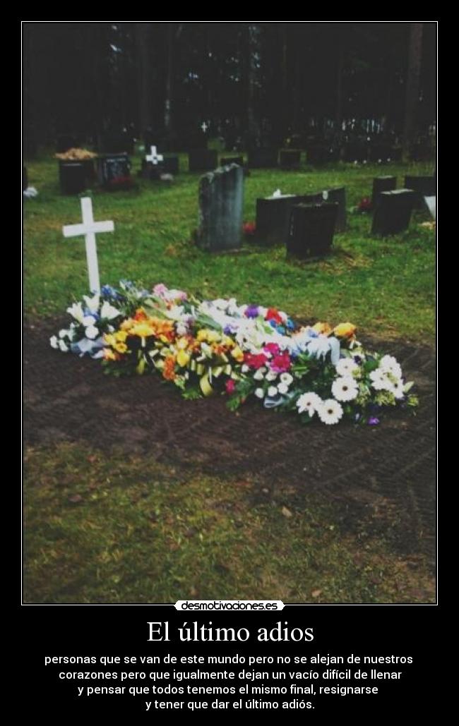 El último adios - personas que se van de este mundo pero no se alejan de nuestros 
corazones pero que igualmente dejan un vacío difícil de llenar
y pensar que todos tenemos el mismo final, resignarse 
y tener que dar el último adiós.