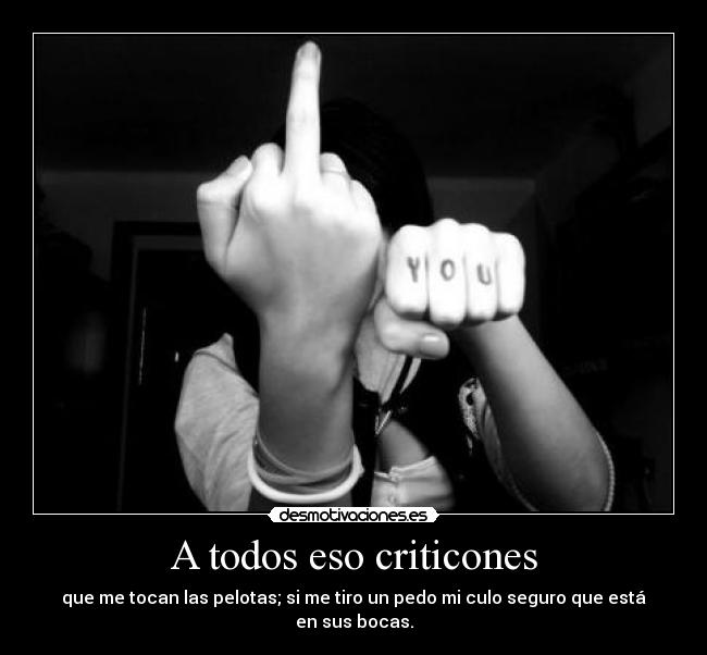 A todos eso criticones - que me tocan las pelotas; si me tiro un pedo mi culo seguro que está en sus bocas.