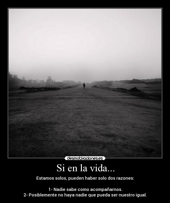 Si en la vida... - Estamos solos, pueden haber solo dos razones:
1- Nadie sabe como acompañarnos.
2- Posiblemente no haya nadie que pueda ser nuestro igual.