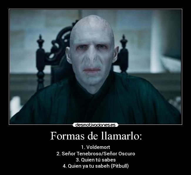 Formas de llamarlo: - 1. Voldemort
2. Señor Tenebroso/Señor Oscuro
3. Quien tú sabes
4. Quien ya tu sabeh (Pitbull)