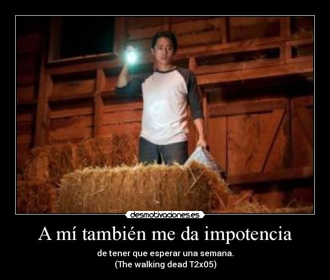 A mí también me da impotencia - de tener que esperar una semana.
(The walking dead T2x05)