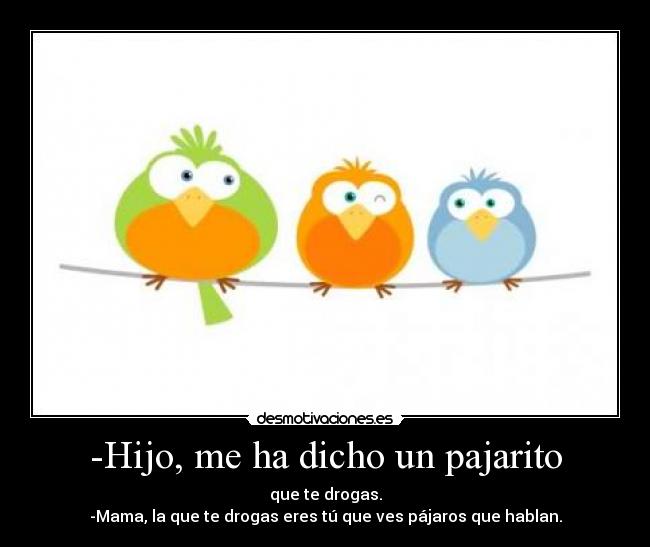 -Hijo, me ha dicho un pajarito - que te drogas.
-Mama, la que te drogas eres tú que ves pájaros que hablan.