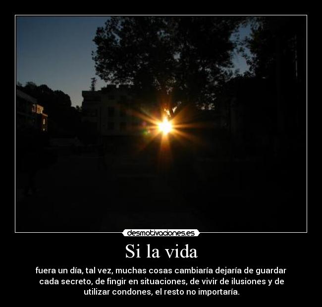 Si la vida - fuera un día, tal vez, muchas cosas cambiaría dejaría de guardar
cada secreto, de fingir en situaciones, de vivir de ilusiones y de
utilizar condones, el resto no importaría.