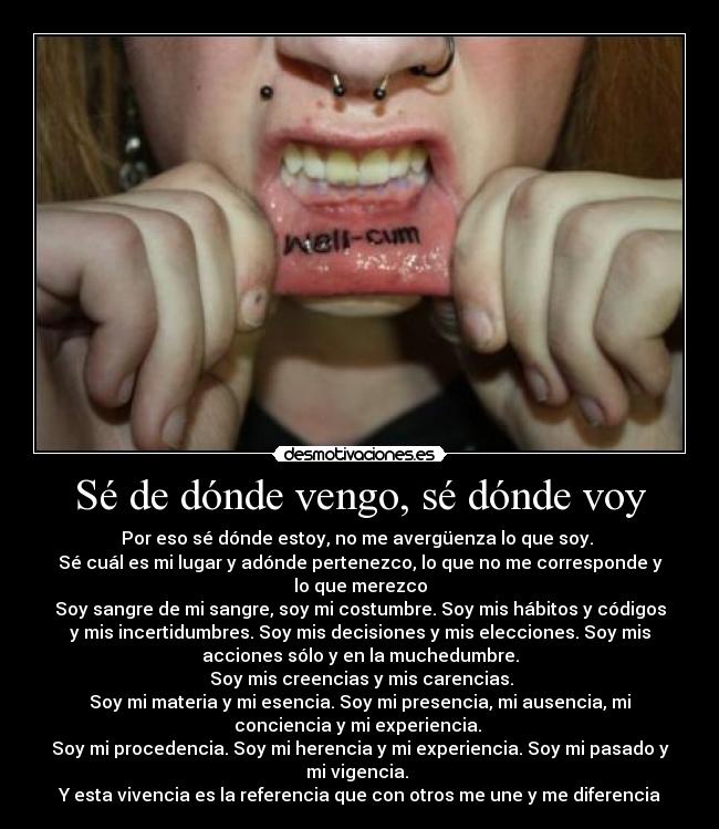 Sé de dónde vengo, sé dónde voy - Por eso sé dónde estoy, no me avergüenza lo que soy.
Sé cuál es mi lugar y adónde pertenezco, lo que no me corresponde y
lo que merezco
Soy sangre de mi sangre, soy mi costumbre. Soy mis hábitos y códigos
y mis incertidumbres. Soy mis decisiones y mis elecciones. Soy mis
acciones sólo y en la muchedumbre.
Soy mis creencias y mis carencias.
Soy mi materia y mi esencia. Soy mi presencia, mi ausencia, mi
conciencia y mi experiencia.
Soy mi procedencia. Soy mi herencia y mi experiencia. Soy mi pasado y
mi vigencia.
Y esta vivencia es la referencia que con otros me une y me diferencia