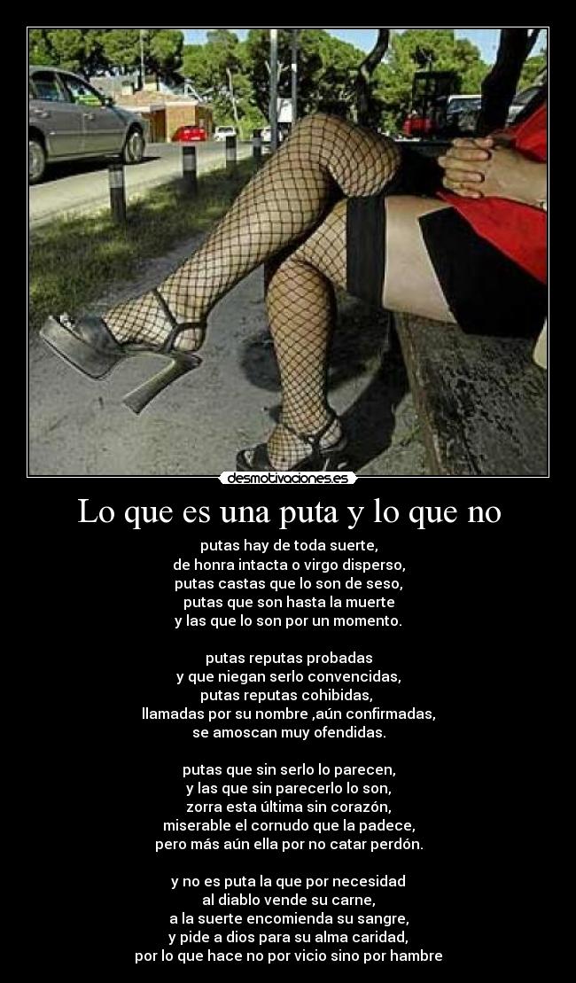 Lo que es una puta y lo que no - putas hay de toda suerte,
de honra intacta o virgo disperso,
putas castas que lo son de seso,
putas que son hasta la muerte
y las que lo son por un momento.
putas reputas probadas
y que niegan serlo convencidas,
putas reputas cohibidas,
llamadas por su nombre ,aún confirmadas,
se amoscan muy ofendidas.
putas que sin serlo lo parecen,
y las que sin parecerlo lo son,
zorra esta última sin corazón,
miserable el cornudo que la padece,
pero más aún ella por no catar perdón.
y no es puta la que por necesidad
al diablo vende su carne,
a la suerte encomienda su sangre,
y pide a dios para su alma caridad,
por lo que hace no por vicio sino por hambre
