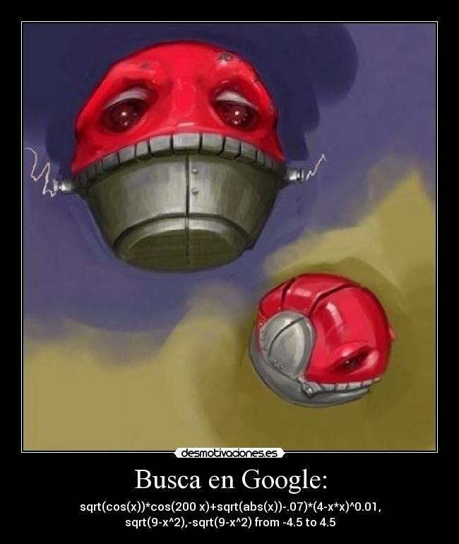 Busca en Google: - sqrt(cos(x))*cos(200 x)+sqrt(abs(x))-.07)*(4-x*x)^0.01,
sqrt(9-x^2),-sqrt(9-x^2) from -4.5 to 4.5