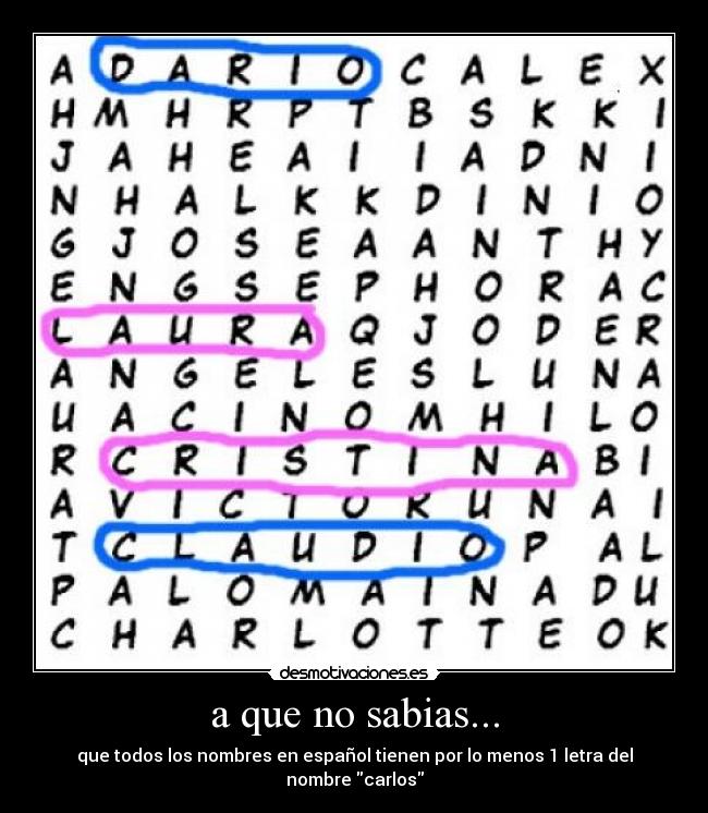a que no sabias... - que todos los nombres en español tienen por lo menos 1 letra del nombre carlos