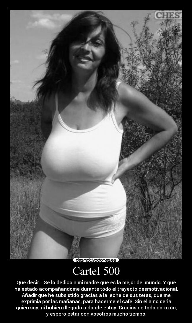 Cartel 500 - Que decir... Se lo dedico a mi madre que es la mejor del mundo. Y que
ha estado acompañandome durante todo el trayecto desmotivacional.
Añadir que he subsistido gracias a la leche de sus tetas, que me
exprimia por las mañanas, para hacerme el café. Sin ella no seria
quien soy, ni hubiera llegado a donde estoy. Gracias de todo corazón,
y espero estar con vosotros mucho tiempo.