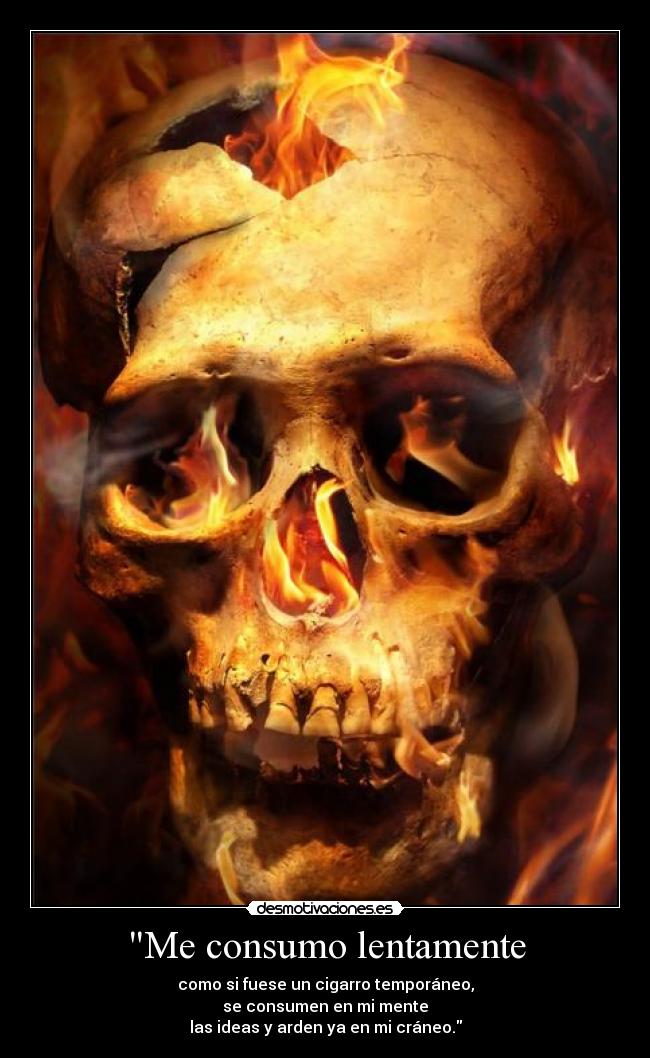 Me consumo lentamente - como si fuese un cigarro temporáneo,
se consumen en mi mente
las ideas y arden ya en mi cráneo.