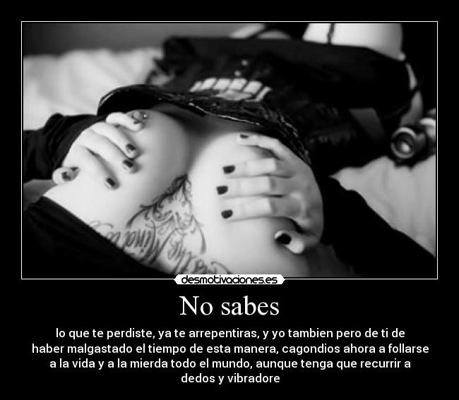 No sabes - lo que te perdiste, ya te arrepentiras, y yo tambien pero de ti de
haber malgastado el tiempo de esta manera, cagondios ahora a follarse
a la vida y a la mierda todo el mundo, aunque tenga que recurrir a
dedos y vibradore