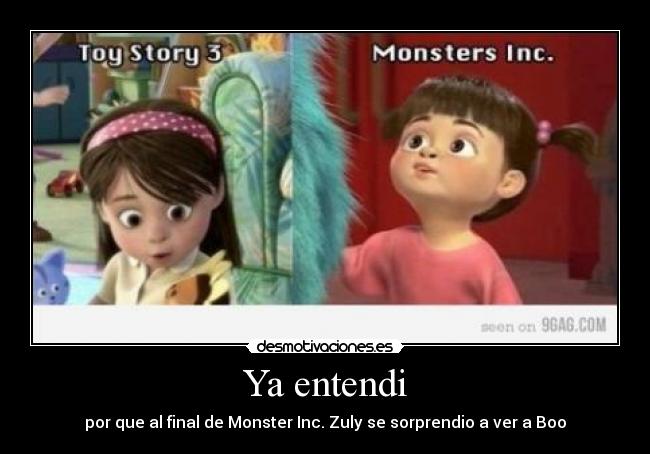 Ya entendi - por que al final de Monster Inc. Zuly se sorprendio a ver a Boo