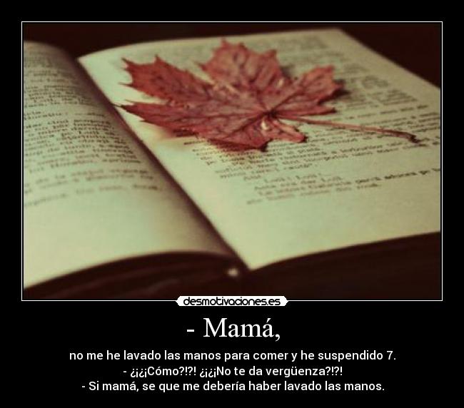 - Mamá, - no me he lavado las manos para comer y he suspendido 7.
- ¿¡¿¡Cómo?!?! ¿¡¿¡No te da vergüenza?!?!
- Si mamá, se que me debería haber lavado las manos.