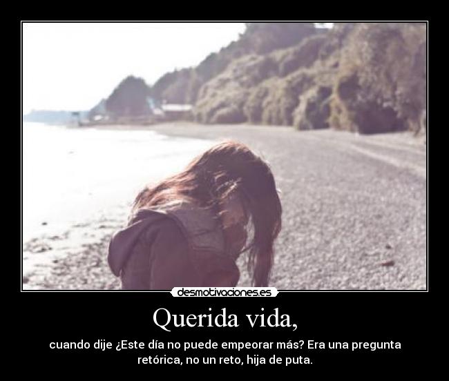 Querida vida, - cuando dije ¿Este día no puede empeorar más? Era una pregunta
retórica, no un reto, hija de puta.