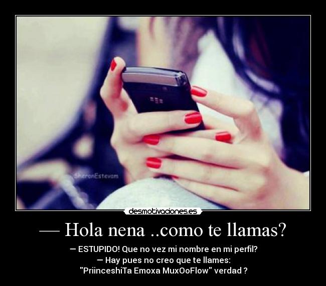 — Hola nena ..como te llamas? - — ESTUPIDO! Que no vez mi nombre en mi perfil?
— Hay pues no creo que te llames:
PriinceshiTa Emoxa MuxOoFlow verdad ?