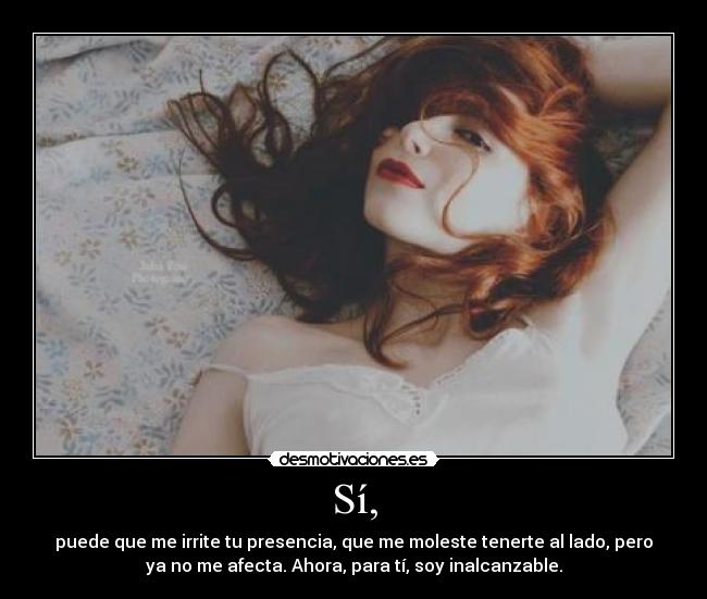 Sí, - puede que me irrite tu presencia, que me moleste tenerte al lado, pero
ya no me afecta. Ahora, para tí, soy inalcanzable.