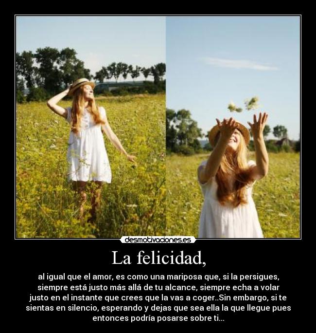La felicidad, - al igual que el amor, es como una mariposa que, si la persigues,
siempre está justo más allá de tu alcance, siempre echa a volar
justo en el instante que crees que la vas a coger..Sin embargo, si te
sientas en silencio, esperando y dejas que sea ella la que llegue pues
entonces podría posarse sobre ti...