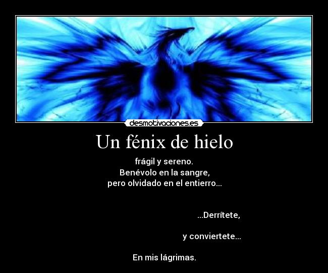 Un fénix de hielo - frágil y sereno.
Benévolo en la sangre,
pero olvidado en el entierro...

                                                                                                                             ...Derrítete,
                                                                                                                      y conviertete...

En mis lágrimas.