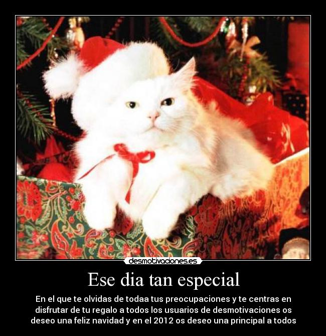 Ese dia tan especial - En el que te olvidas de todaa tus preocupaciones y te centras en
disfrutar de tu regalo a todos los usuarios de desmotivaciones os
deseo una feliz navidad y en el 2012 os deseo una principal a todos