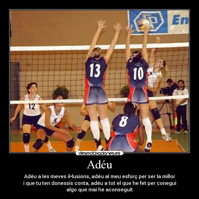 Adéu - Adéu a les meves il•lusions, adéu al meu esforç per ser la millor
i que tu ten donessis conta, adéu a tot el que he fet per conegui
algo que mai he aconseguit