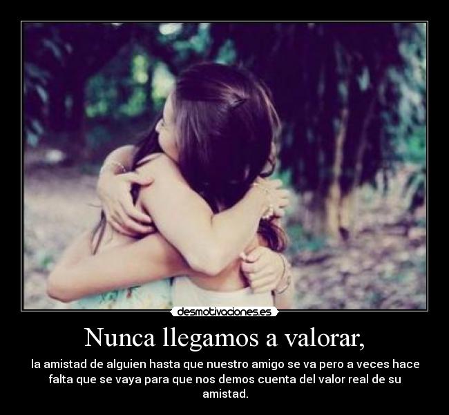 Nunca llegamos a valorar, - la amistad de alguien hasta que nuestro amigo se va pero a veces hace
falta que se vaya para que nos demos cuenta del valor real de su
amistad.
