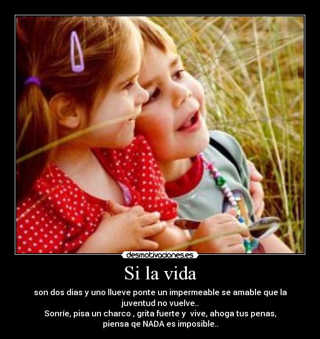 Si la vida - son dos dias y uno llueve ponte un impermeable se amable que la
juventud no vuelve..
Sonríe, pisa un charco , grita fuerte y  vive, ahoga tus penas,
piensa qe NADA es imposible..