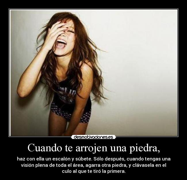 Cuando te arrojen una piedra, - haz con ella un escalón y súbete. Sólo después, cuando tengas una
visión plena de toda el área, agarra otra piedra, y clávasela en el
culo al que te tiró la primera.
