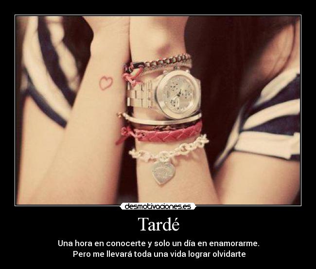 Tardé - Una hora en conocerte y solo un día en enamorarme.
Pero me llevará toda una vida lograr olvidarte