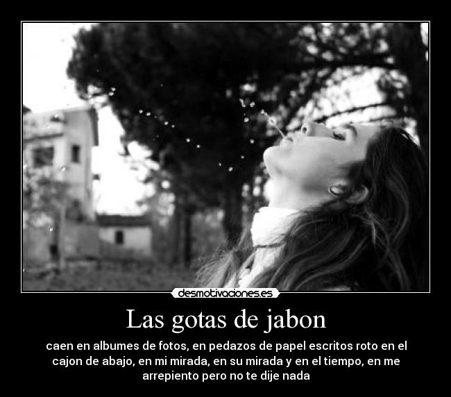 Las gotas de jabon - caen en albumes de fotos, en pedazos de papel escritos roto en el
cajon de abajo, en mi mirada, en su mirada y en el tiempo, en me
arrepiento pero no te dije nada