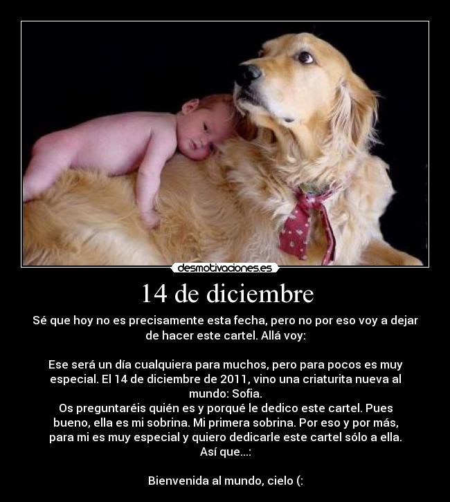 14 de diciembre - Sé que hoy no es precisamente esta fecha, pero no por eso voy a dejar
de hacer este cartel. Allá voy:
Ese será un día cualquiera para muchos, pero para pocos es muy
especial. El 14 de diciembre de 2011, vino una criaturita nueva al
mundo: Sofia.
Os preguntaréis quién es y porqué le dedico este cartel. Pues
bueno, ella es mi sobrina. Mi primera sobrina. Por eso y por más,
para mi es muy especial y quiero dedicarle este cartel sólo a ella.
Así que...:
Bienvenida al mundo, cielo (: